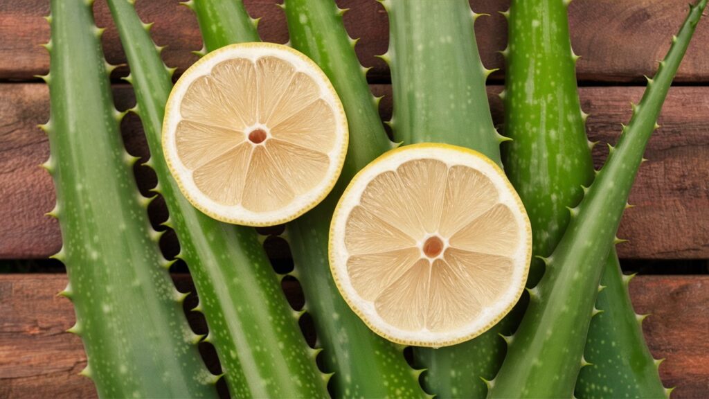 एलोवेरा जेल (aloe vera gel) के साथ नींबू का रस मिलाकर लगाने से त्वचा को नमी और पोषण मिलता है। एलोवेरा जेल त्वचा को शांत करता है, जबकि नींबू का रस धब्बों को हल्का करता है। मैंने इस मिश्रण का उपयोग किया और मेरी त्वचा ने इसे बेहद पसंद किया। इसे बनाने के लिए, एक चम्मच नींबू के रस में एक चम्मच एलोवेरा जेल मिलाएं और चेहरे पर लगाएं। 15 मिनट बाद धो लें।