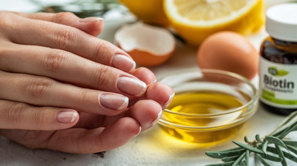 Discover natural remedies like biotin-rich foods, olive oil, and lemon juice to strengthen weak nails and promote healthy growth at home.